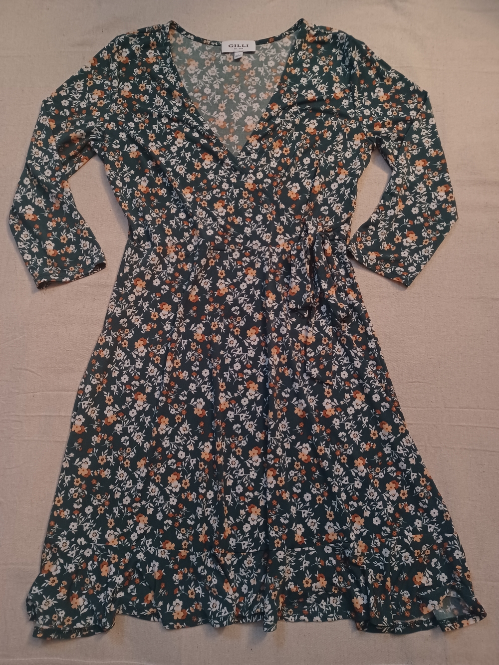 Gilli Forest Green Floral Faux Wrap Dress Women's Size Large